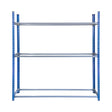 Heavy-duty T-Rax tyre racking bay with blue metal frame and multiple sturdy shelves for organized tyre storage and display