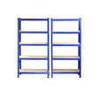 Heavy-duty blue shelving units with five shelves each, featuring a sturdy metal frame and smooth wooden surfaces, ideal for storage