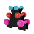 Colorful rubber-coated dumbbells in various weights, neatly arranged on a black rack, featuring vibrant blue, red, and pink hues