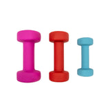 Colorful set of three dumbbells in pink, red, and blue, featuring a smooth, rubberized texture for comfortable grip and easy handling