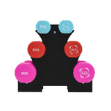 Colorful set of hexagonal dumbbells in various weights, including pink, red, blue, and black, arranged on a sturdy black rack