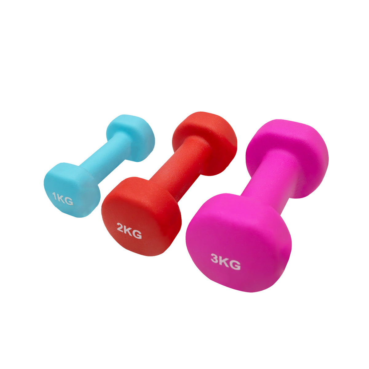Colorful set of three neoprene dumbbells in blue, red, and pink, labeled 1KG, 2KG, and 3KG, ideal for home workouts