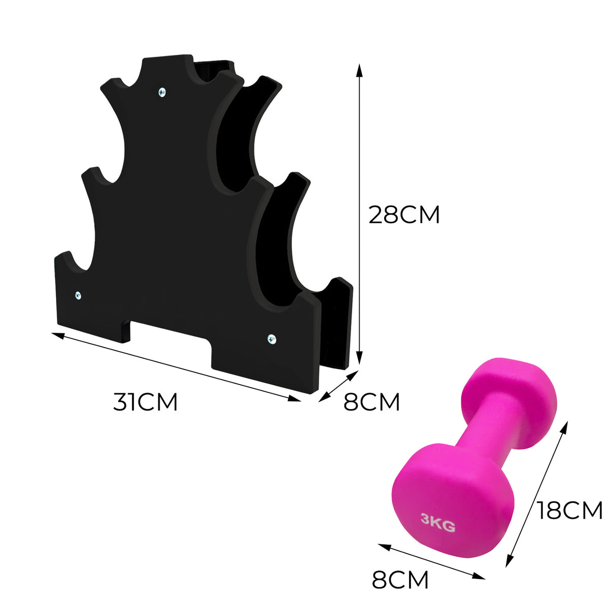 Black dumbbell rack with three slots, alongside a vibrant pink 3kg dumbbell, showcasing dimensions of 28cm by 31cm and 18cm by 8cm