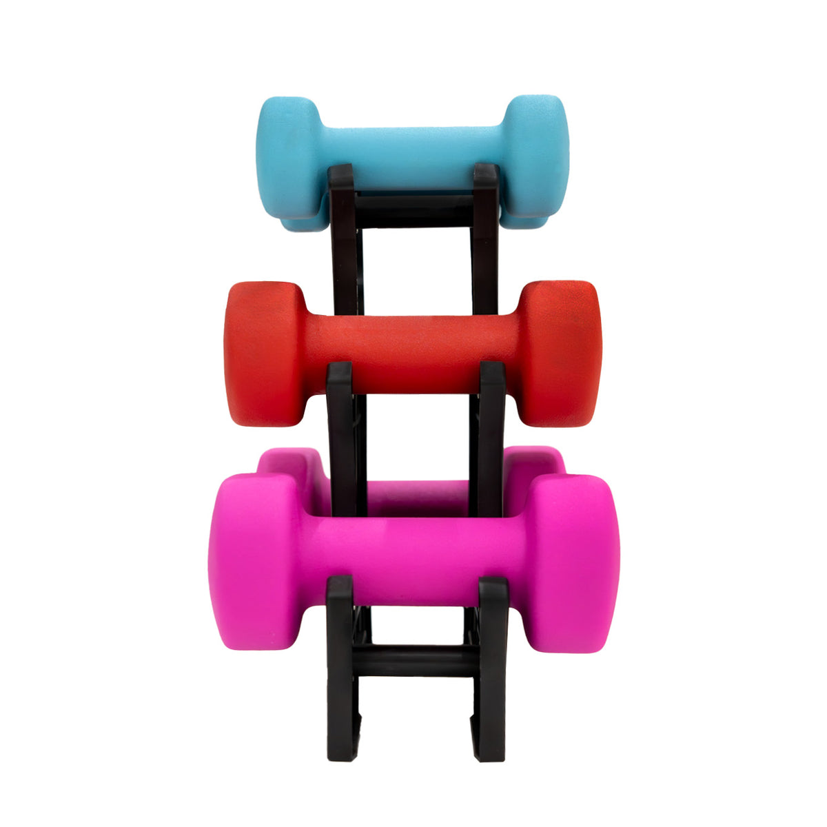 Colorful set of small dumbbells in blue, red, and pink stacked on a black rack, ideal for home workouts and fitness routines