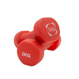 Bright red 2kg rubber-coated dumbbells with a textured grip, ideal for strength training and home workouts