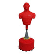 Large free-standing boxing dummy with a muscular red torso, adjustable height, and a sturdy round base for stability during training