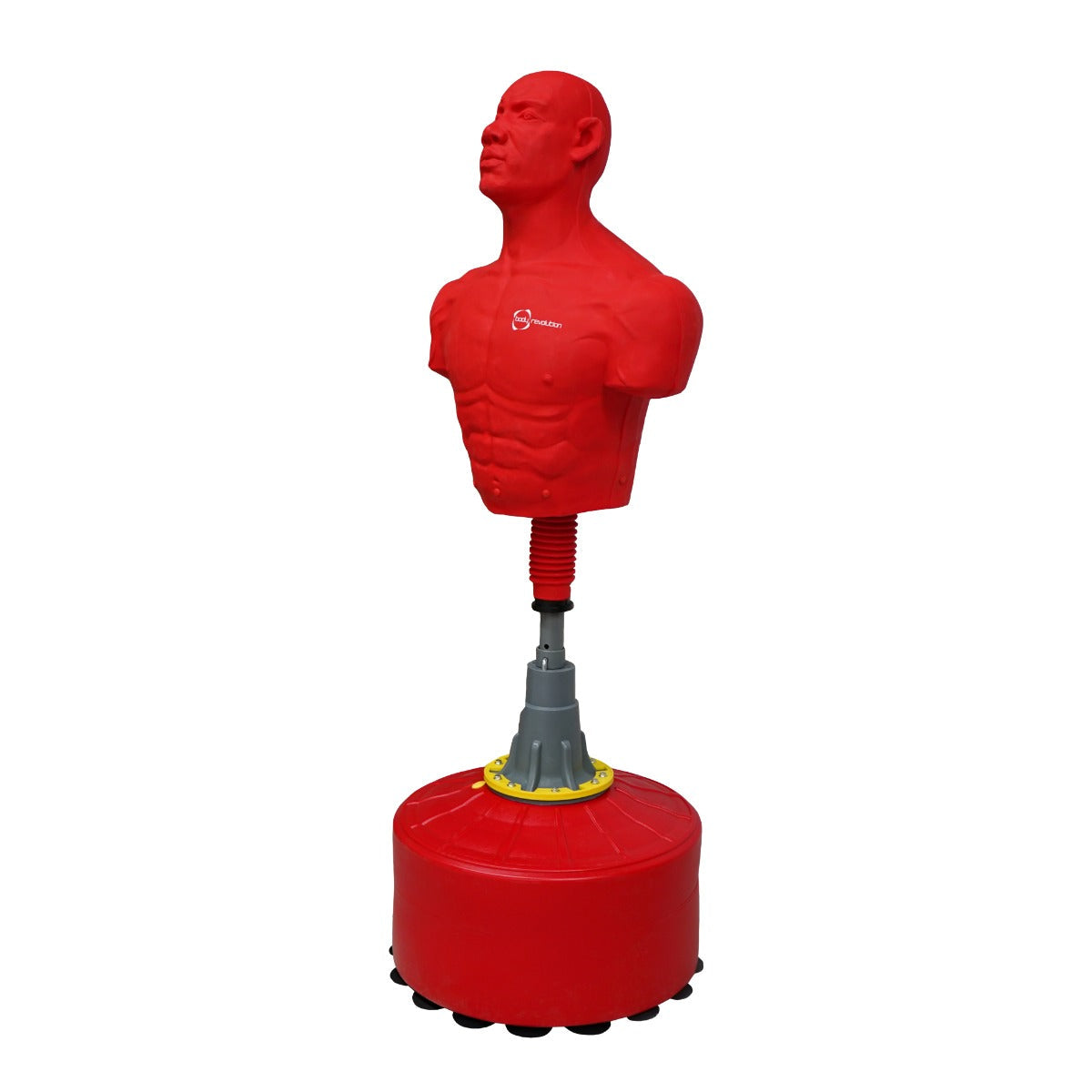 Large free-standing boxing dummy with a muscular red torso, detailed facial features, and a sturdy base for stability during training