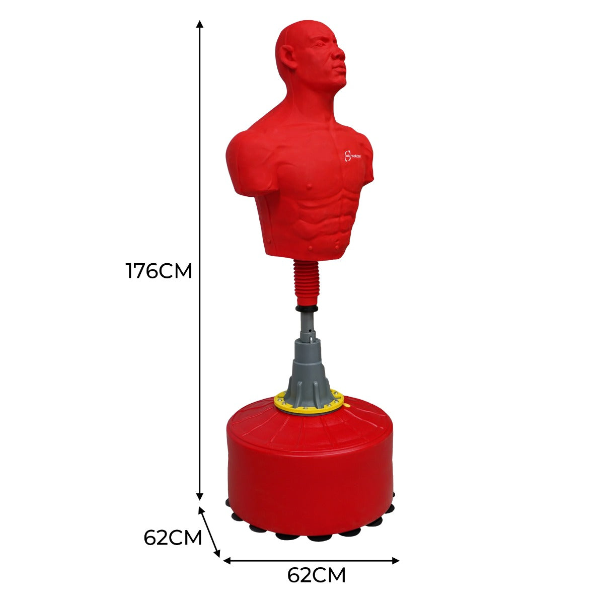 Large free-standing boxing dummy with a muscular red torso, adjustable height, and a sturdy round base for stability