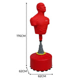Large free-standing boxing dummy with a muscular red torso, adjustable height, and a sturdy round base for stability