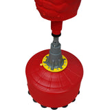 Large free-standing boxing dummy with a red upper body, sturdy gray base, and textured surface for enhanced grip and durability