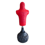 Red free-standing boxing dummy with a muscular torso design, mounted on a sturdy black base for stability during training sessions