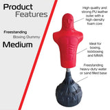 Red free-standing boxing dummy with a muscular design, made of durable PU leather and a sturdy black base for stability