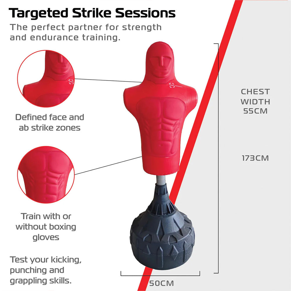 Medium free-standing boxing dummy in red with defined facial and abdominal features, mounted on a sturdy black base for training sessions