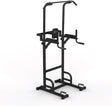 Sturdy black steel parallettes and dip tower with adjustable height, featuring a wide base for stability and ergonomic grips