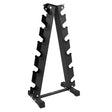 Heavy-duty black metal weight rack with eight slots for organizing dumbbells, featuring a sturdy triangular design and rubber feet for stability