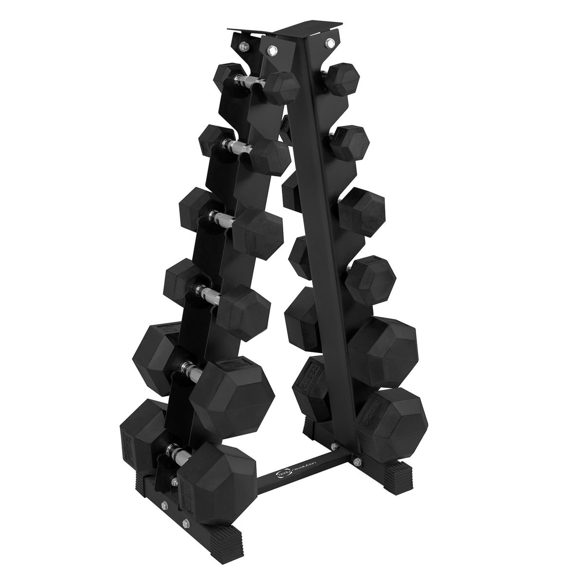 Black hex dumbbells arranged on a sturdy metal rack, showcasing various weights for versatile strength training options