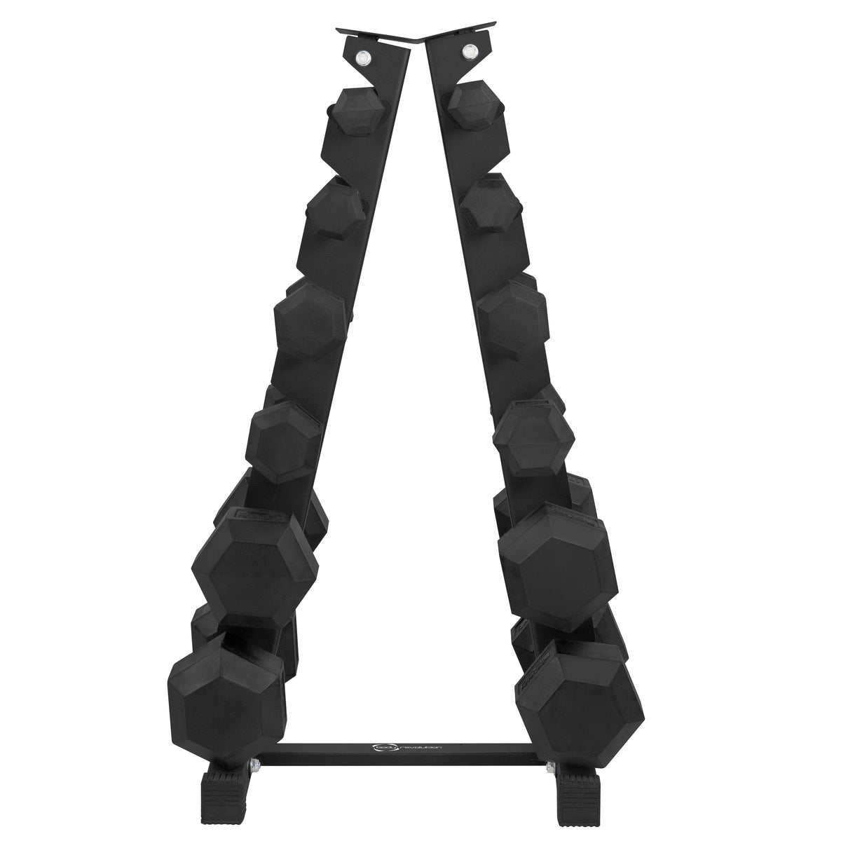 Hexagonal black dumbbell rack displaying multiple weights, featuring a sturdy metal frame and a sleek, modern design for gym organization