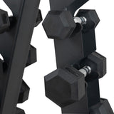 Hexagonal black rubber dumbbells on a sturdy metal rack, showcasing a sleek design ideal for home or gym workouts