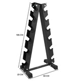 Black metal weight rack with six angled slots, measuring 106 cm tall, 50 cm wide, and 23 cm deep, designed for gym use