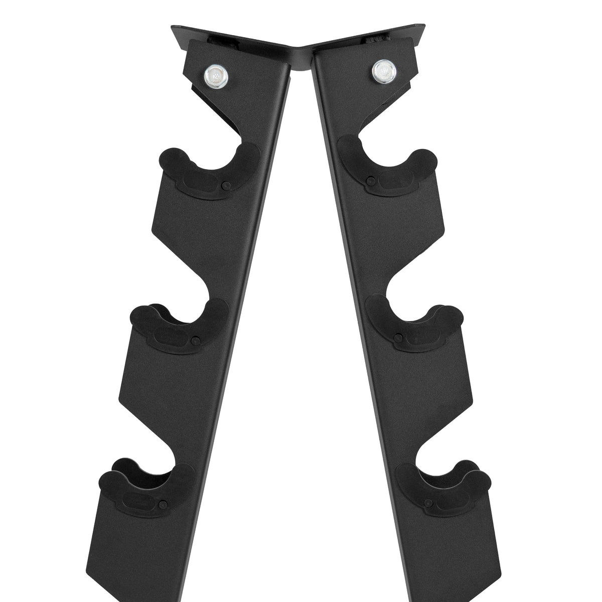 Black metal bike rack with six curved slots for secure storage, featuring a sturdy, angled design for stability and easy access