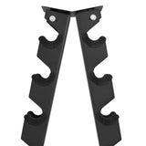 Black metal bike rack with six curved slots for secure storage, featuring a sturdy, angled design for stability and easy access
