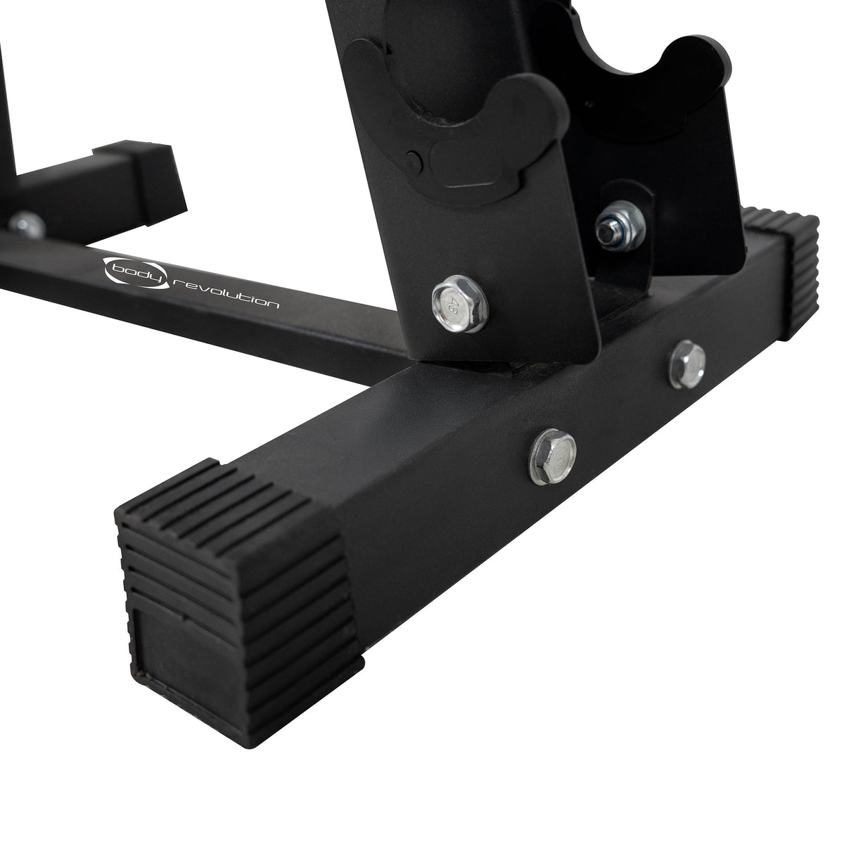Sturdy black metal base of a fitness equipment stand, featuring rubber feet for stability and silver bolts for secure assembly