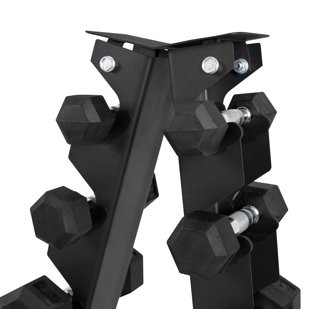 Black metal dumbbell rack displaying multiple hexagonal weights in various sizes, showcasing a sturdy and modern design