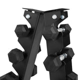 Black metal dumbbell rack displaying multiple hexagonal weights in various sizes, showcasing a sturdy and modern design