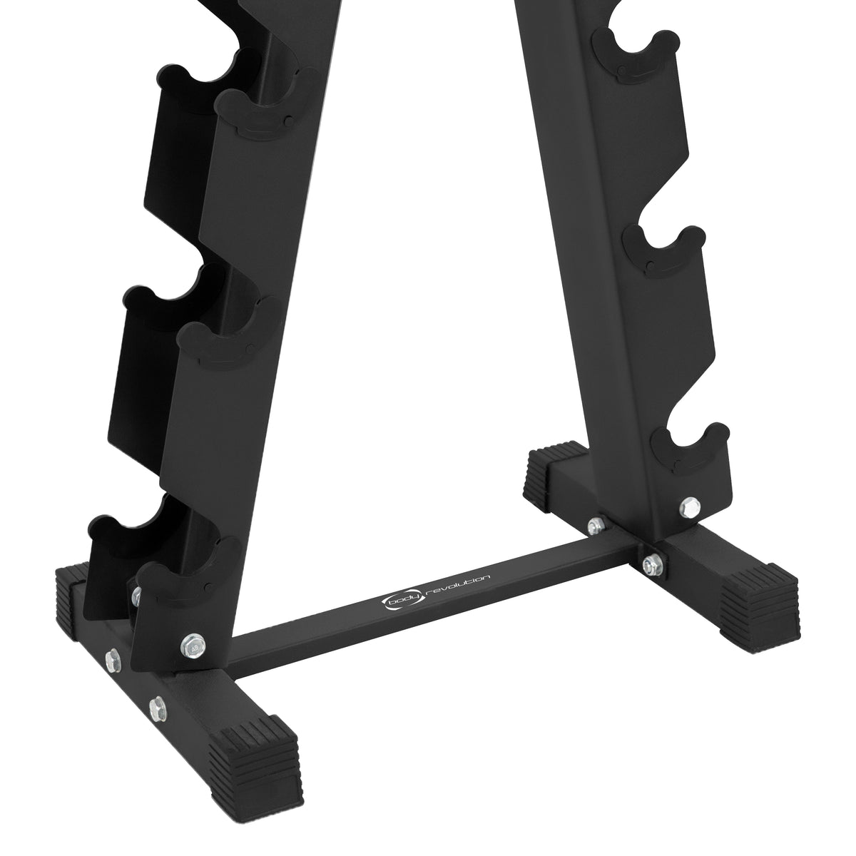 Black metal weight rack with six slots for organizing weights, featuring a sturdy base and rubber feet for stability and protection