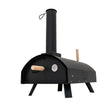 Classic outdoor pizza oven in sleek black metal, featuring a chimney, wooden handles, and a built-in temperature gauge on a sturdy base