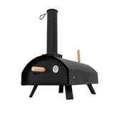 Classic outdoor pizza oven in sleek black metal, featuring a chimney, wooden handles, and a built-in temperature gauge on a sturdy base