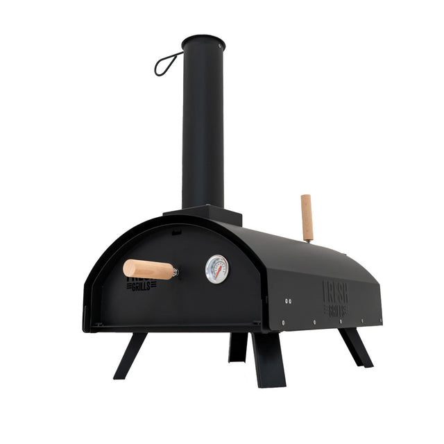 Classic outdoor pizza oven in sleek black metal, featuring a chimney, wooden handles, and a built-in temperature gauge on a sturdy base