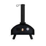 Classic outdoor pizza oven in sleek black metal, featuring a chimney, temperature gauge, and sturdy legs for stability