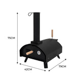 Classic outdoor pizza oven in sleek black with a chimney, wooden handle, and temperature gauge, designed for grilling delicious pizzas