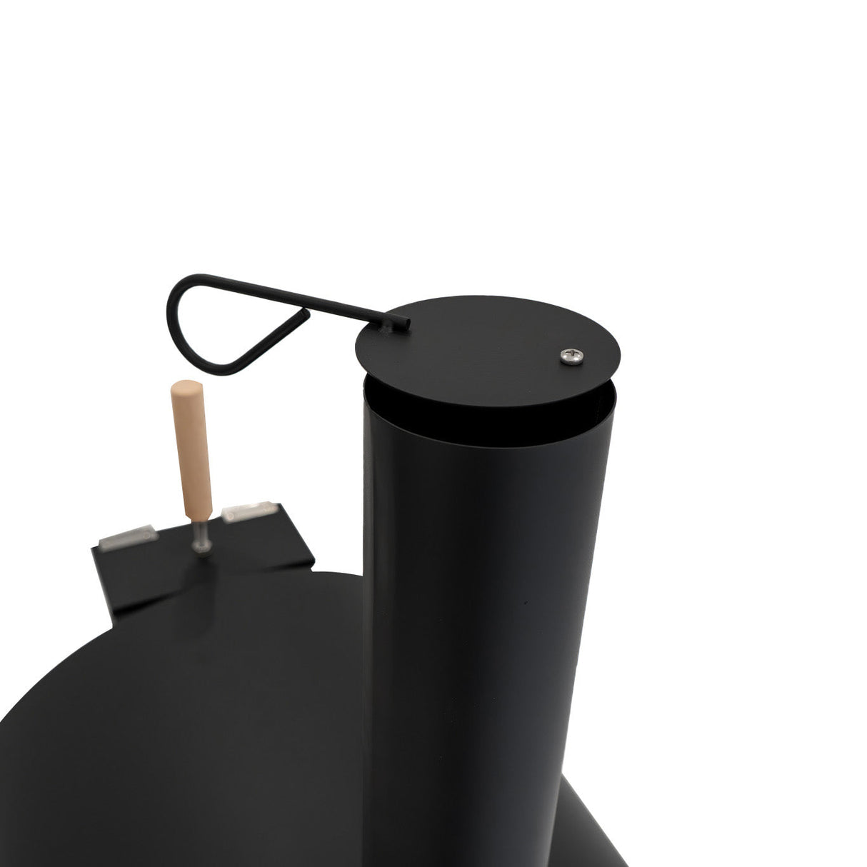 Classic outdoor pizza oven featuring a sleek black metal design, chimney, and wooden handle for easy access and stylish cooking