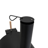 Classic outdoor pizza oven featuring a sleek black metal design, chimney, and wooden handle for easy access and stylish cooking