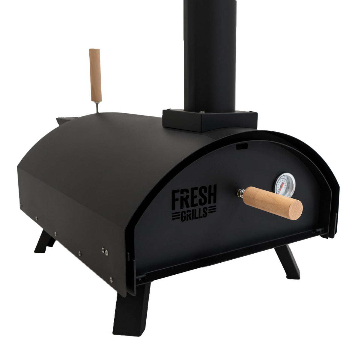 Classic outdoor pizza oven with a sleek black finish, wooden handle, and built-in thermometer for perfect cooking control