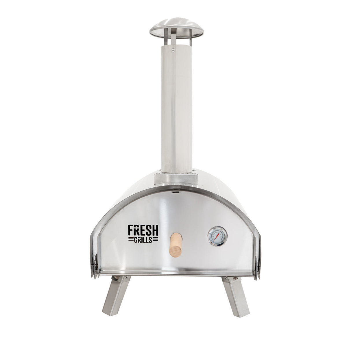 Stainless steel outdoor pizza oven with a sleek design, chimney, and built-in thermometer, perfect for grilling delicious pizzas
