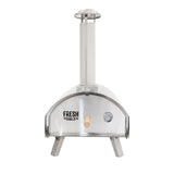 Stainless steel outdoor pizza oven with a sleek design, chimney, and built-in thermometer, perfect for grilling delicious pizzas