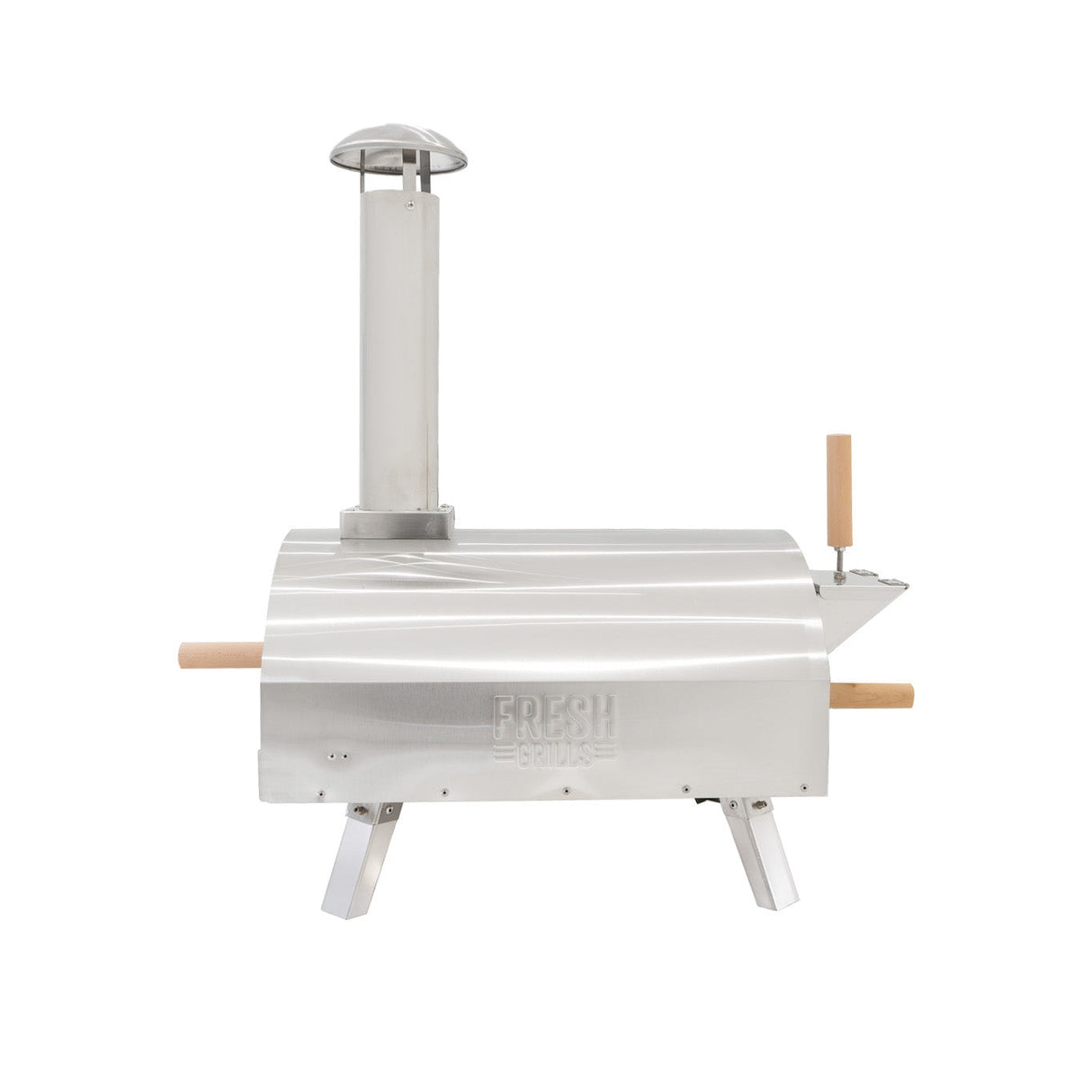 Sleek stainless steel outdoor pizza oven with a chimney, wooden handle, and sturdy legs, designed for grilling delicious pizzas