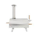 Sleek stainless steel outdoor pizza oven with a chimney, wooden handle, and sturdy legs, designed for grilling delicious pizzas