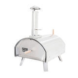 Extra large premium outdoor pizza oven with a sleek stainless steel body, curved shape, and sturdy legs for stability