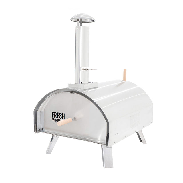 Extra large premium outdoor pizza oven with a sleek stainless steel body, curved shape, and sturdy legs for stability