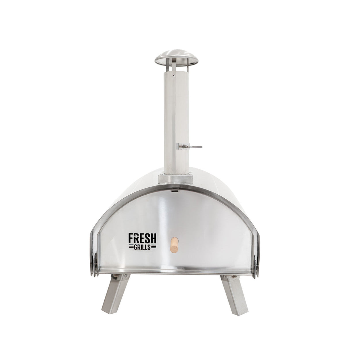 Extra large stainless steel outdoor pizza oven with a sleek curved design, chimney, and sturdy legs for stability and durability