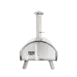 Extra large stainless steel outdoor pizza oven with a sleek curved design, chimney, and sturdy legs for stability and durability