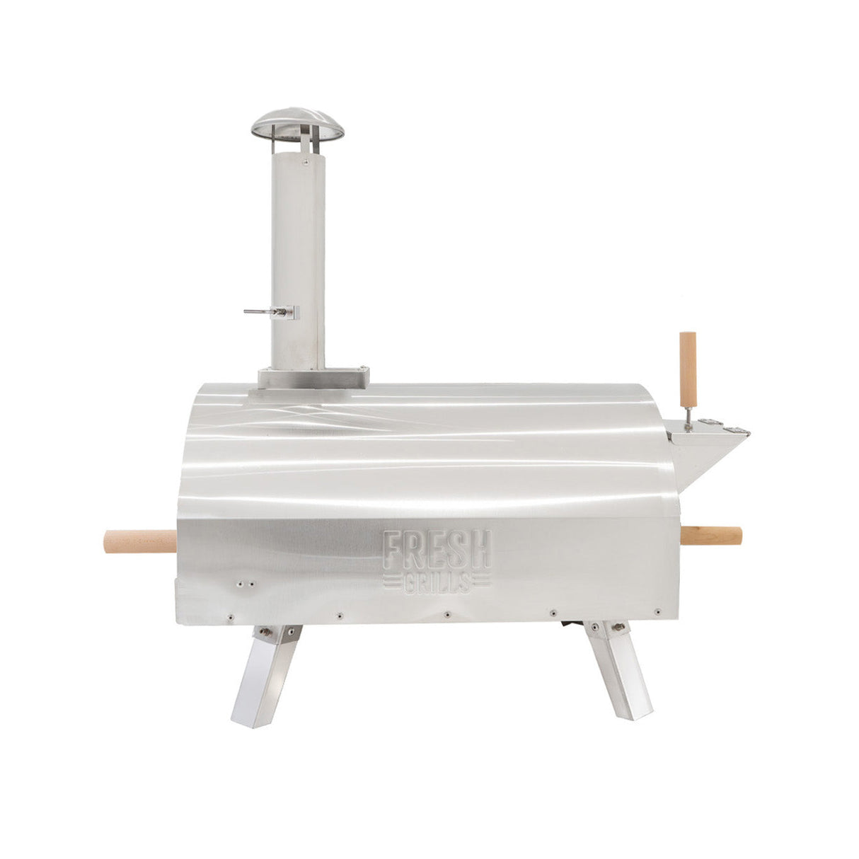 Extra large stainless steel outdoor pizza oven with a sleek design, wooden handles, and a chimney for optimal heat circulation