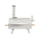 Extra large stainless steel outdoor pizza oven with a sleek design, wooden handles, and a chimney for optimal heat circulation