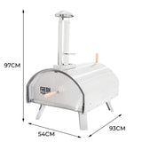 Extra large premium outdoor pizza oven with a sleek stainless steel finish, chimney, and sturdy legs, measuring 97cm tall and 93cm wide