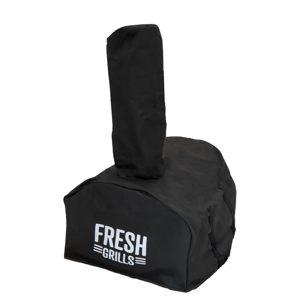 Black protective cover for Fresh Grills extra large outdoor pizza oven, featuring a tall chimney and bold white logo on the front