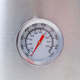 Stainless steel thermometer with a red needle, measuring temperatures up to 1000°F, ideal for monitoring pizza oven heat levels